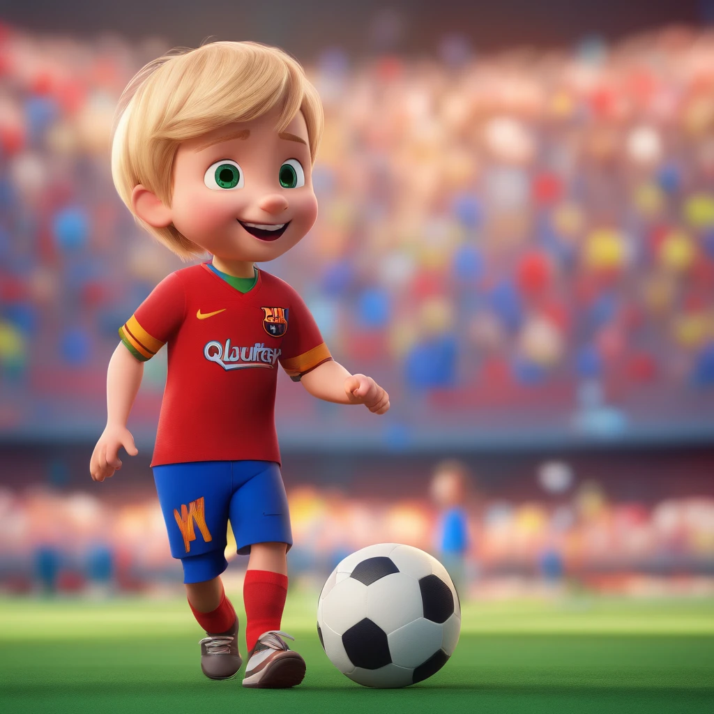 A 3d movie poster in disney-pixar style of a 4 , very short blonde hair, fair skin, green eyes, wearing a red and blue Barcelona shirt, playing football in a stadium, with a smile on his face