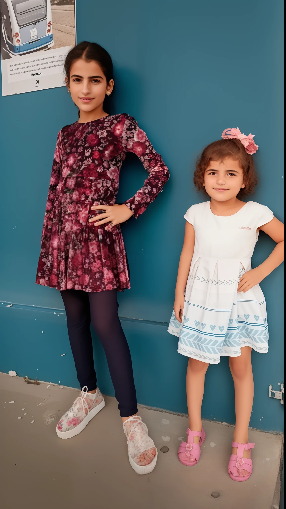 Two girls standing next to each other in front of a blue wall, modelagem para dulce e gabanna, Duas s, Directed by: David Ruby, imagem de corpo inteiro, Directed by: Nandor Soldier, by Amelia Peláez, Looks doces, by Gina Pellón, foto de perfil, sisters, Beautiful girls, Fotografia tirada em 2 0 2 0