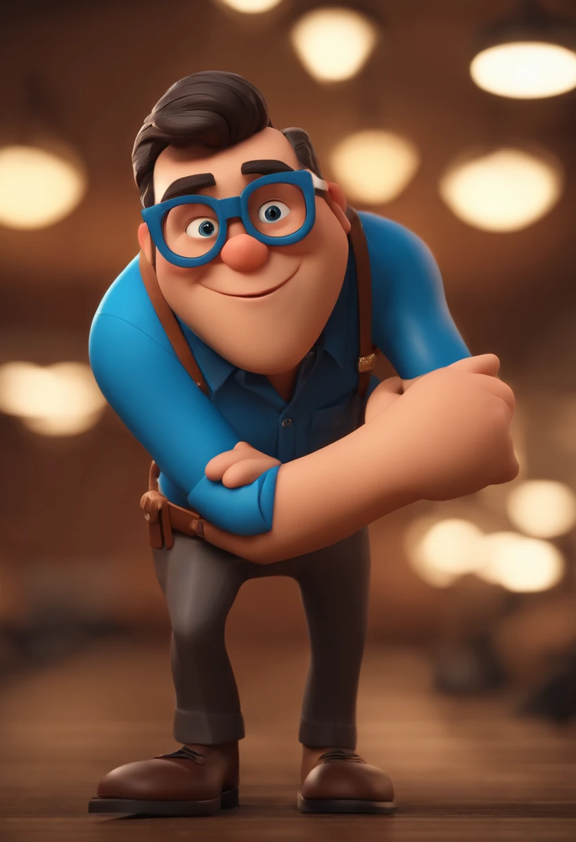 Cartoon character of a man wearing black glasses and a blue shirt, um personagem animado, Caractere estilizado, animation style rendering, 3D estilizado, Arnold Maya render, 3 d render stylized, toon render keyshot, Personagem 3D, Personagem 3D, 3d rendering stylized, 3 d character render, personagem de desenho animado, Personagem de close up, Pose de personagem, (Estilo Pixar) (master part:1.2) (Bokeh) (best quality) (pele detalhada) (textura detalhada) (8k) (argila) (Cinematic lighting) (foco nítido，Senta e vaza a parte superior do corpo