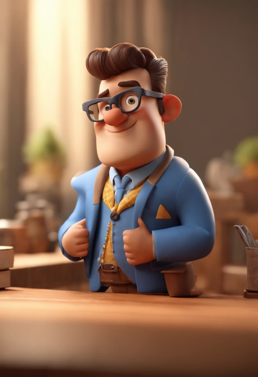 Cartoon character of a man wearing black glasses and a blue shirt, um personagem animado, Caractere estilizado, animation style rendering, 3D estilizado, Arnold Maya render, 3 d render stylized, toon render keyshot, Personagem 3D, Personagem 3D, 3d rendering stylized, 3 d character render, personagem de desenho animado, Personagem de close up, Pose de personagem, (Estilo Pixar) (master part:1.2) (Bokeh) (best quality) (pele detalhada) (textura detalhada) (8k) (argila) (Cinematic lighting) (foco nítido,Senta e vaza a parte superior do corpo