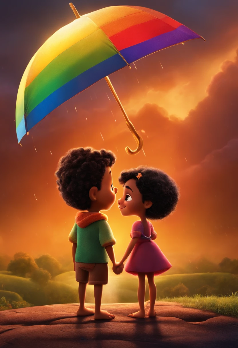 Couple from the Disney Pixar series, ele lavrador,  Ela lavadeira. Sun and rain background with rainbow with the name THE DILEMMA