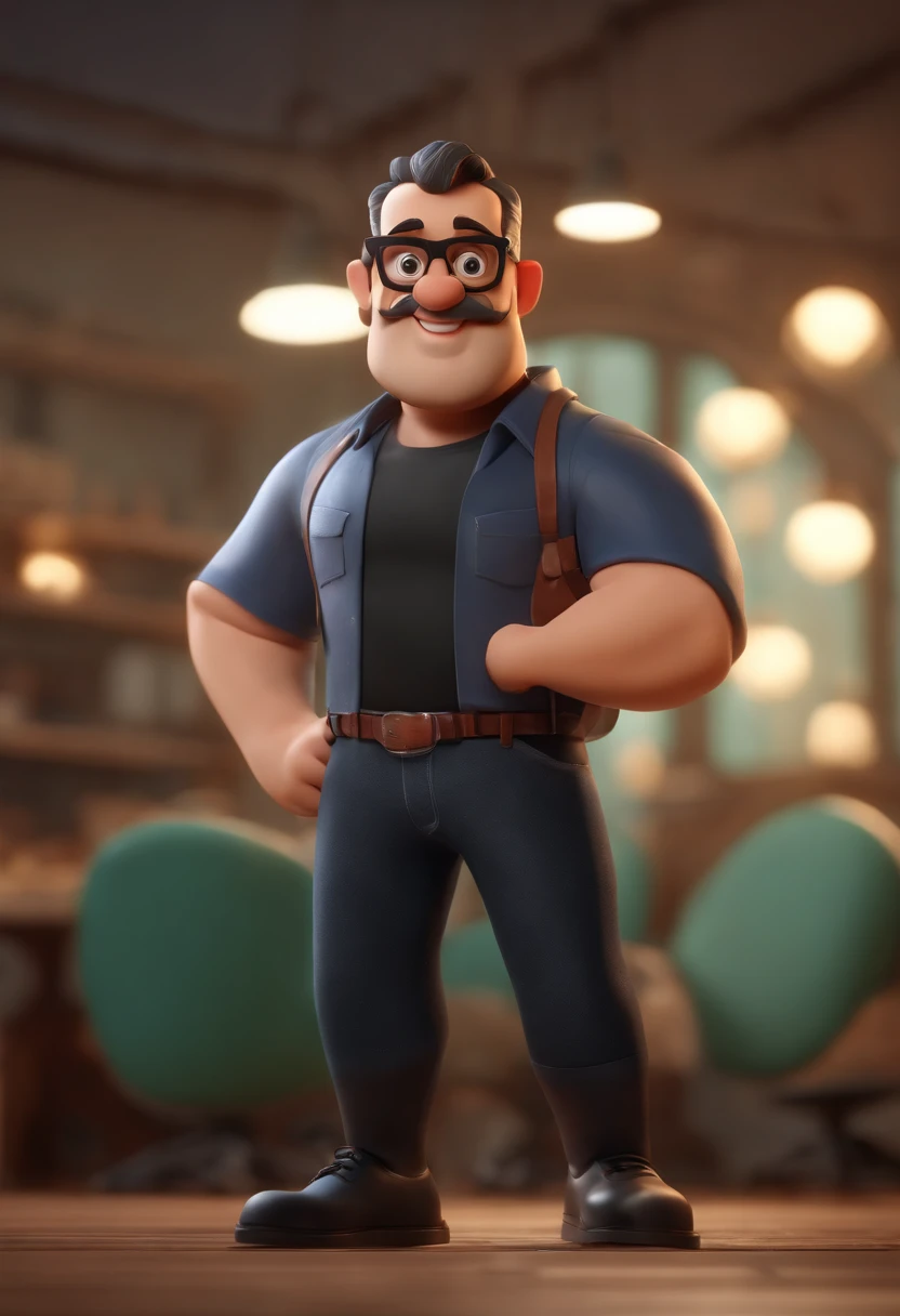 Cartoon character of a man with black glasses and a black polo shirt, cabelo liso, With beard and old school tattoo on his arm, animation character, Caractere estilizado, animation style rendering, 3D estilizado, Arnold Maya render, 3 d render stylized, toon render keyshot, Personagem 3D, Personagem 3D, 3d rendering stylized, 3 d character render, personagem de desenho animado, Personagem de close up, Pose de personagem, (Estilo Pixar) (master part:1.2) (Bokeh) (best quality) (pele detalhada) (textura detalhada) (8k) (argila) (Cinematic lighting) (foco nítido