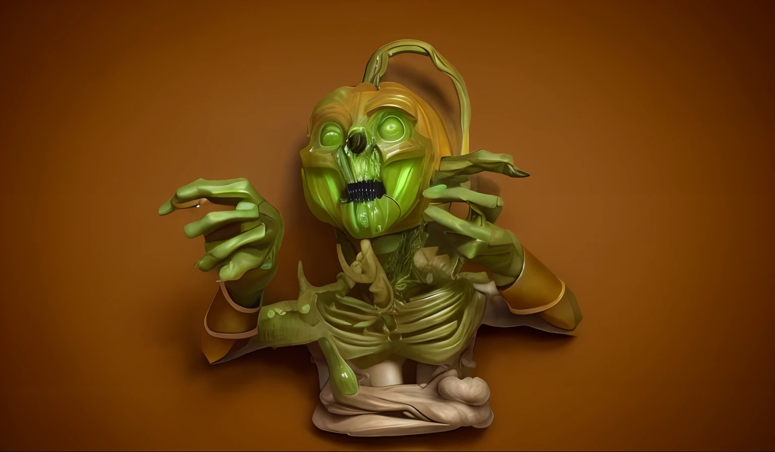 Close-up of a statue of a humanoid man with a pumpkin for a head and a green appendage on his head, Highly detailed, Bust of the creature, nightmare render, eldritch, A highly detailed; Highly detailed horror
