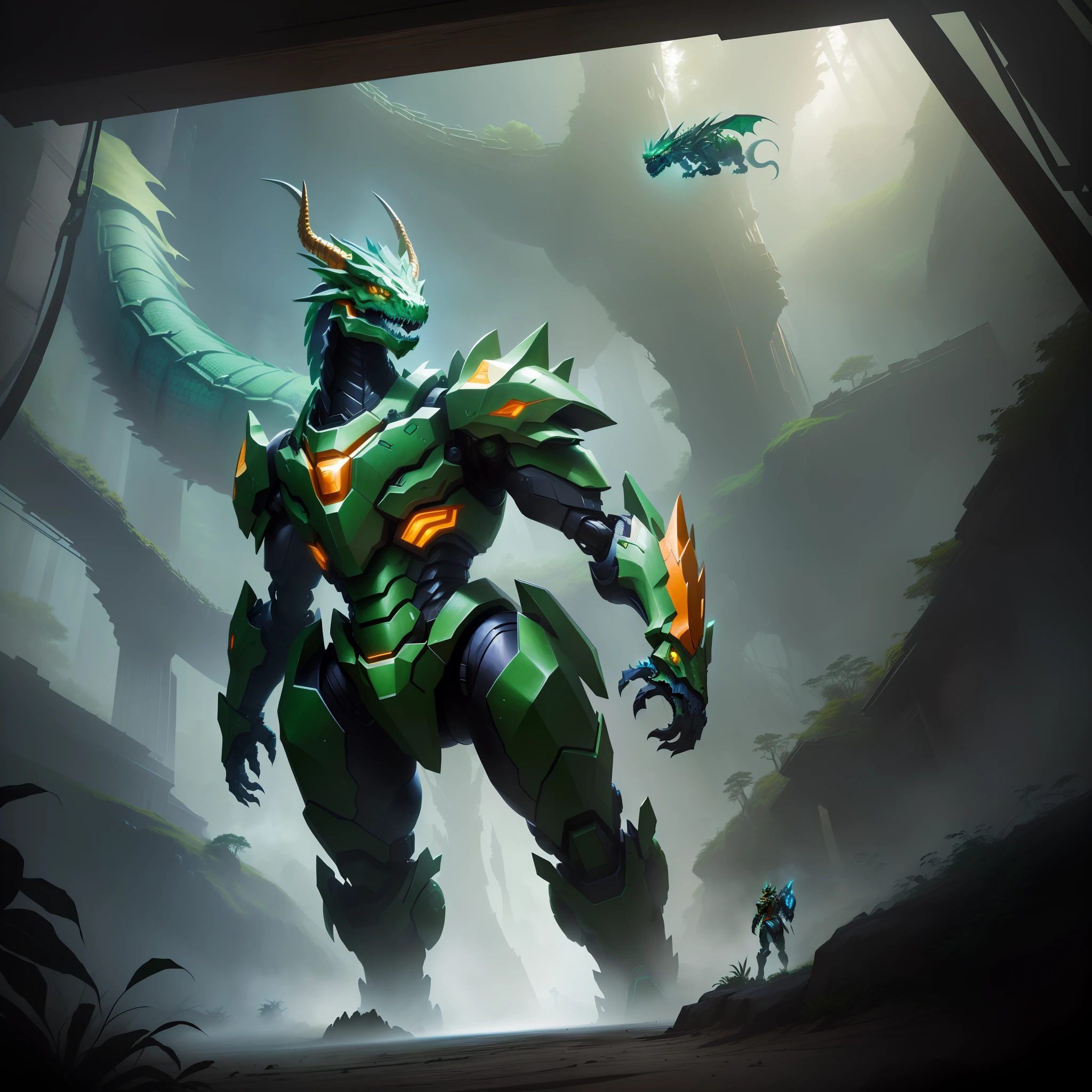 there is a drawing of a dragon with a green and orange head, with scaly-looking armor, as a badass monster hunter, sleek mecha female dragon head, cyborg dragon portrait, d&d character head portrait, robot mecha female dragon head, a baddass dragon, but as an anthropomorphic dragon, as an anthropomorphic dragon, Game: Ark Evolved, Big dinosaur standing in a forest, with blue water, and a huge sci fi house, best quality, masterpiece, 8k, art by artgerm, sharp focus, (full body),