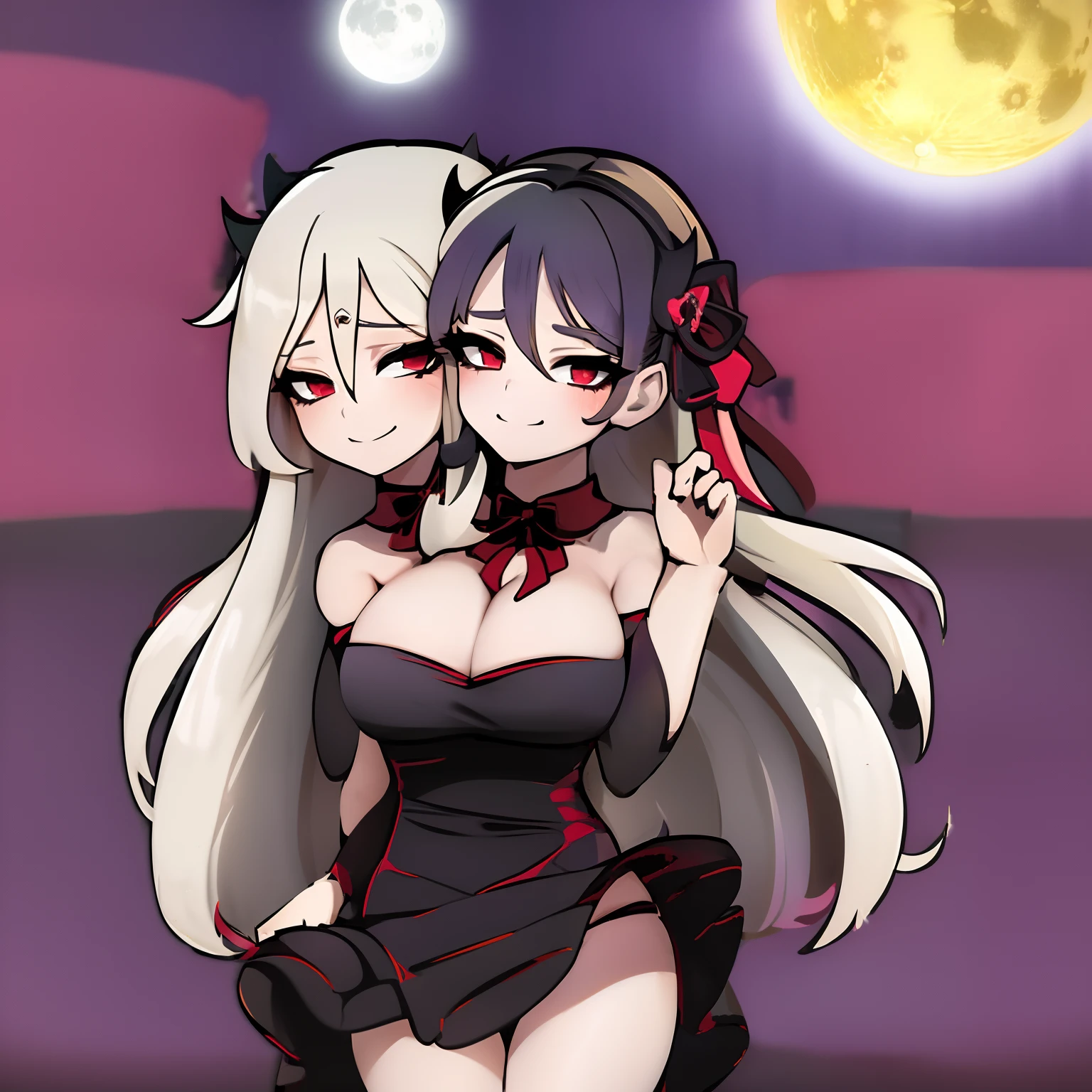 (((2heads))), ((double cleavage)), ((tribreasts)), masterpiece, best quality, detailed, 1girl, solo, night sky, outdoors, full moon, stars, clouds, night,, dark sakura, (black dress), long hair, evil smile, red ribbon, striped, thighs