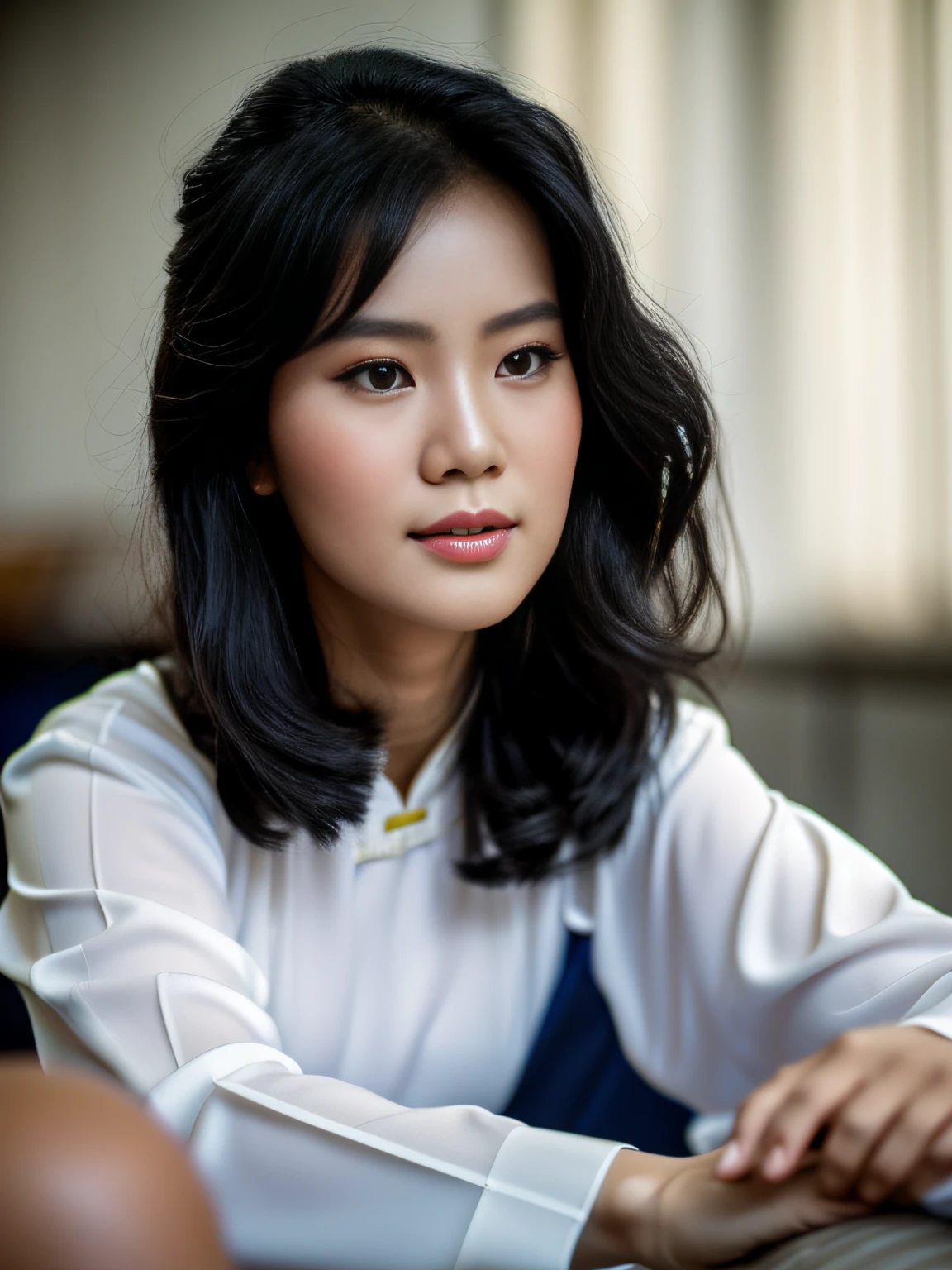 Highly realistic photo, Portrait photo of a 25-year-old Vietnamese woman, (wear a ao dai vietnam), black hair, dark blue background, photo taken in 1985 by kodak.
