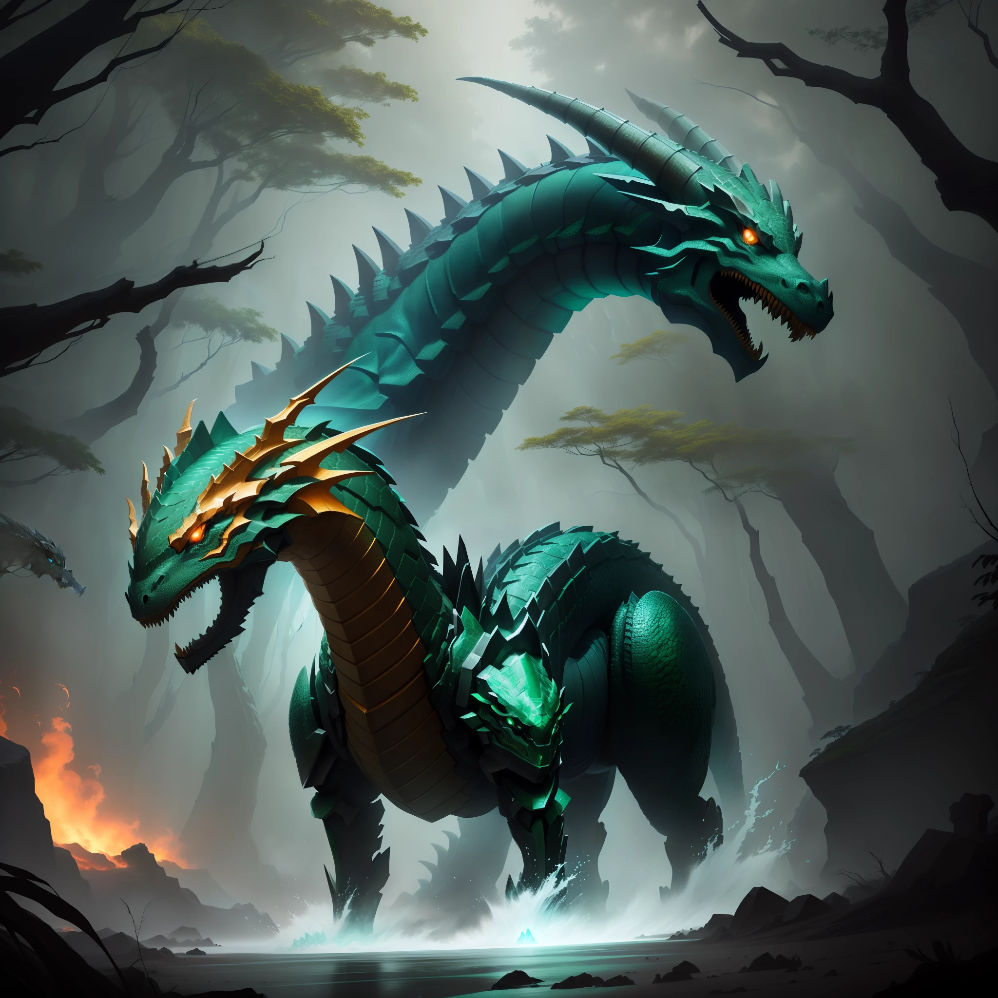 there is a drawing of a dragon with a green and orange head, with scaly-looking armor, as a badass monster hunter, sleek mecha female dragon head, cyborg dragon portrait, d&d character head portrait, robot mecha female dragon head, a baddass dragon, but as an anthropomorphic dragon, as an anthropomorphic dragon, Game: Ark Evolved, Big dinosaur standing in a forest, with blue water, and a huge sci fi house, best quality, masterpiece, 8k, art by artgerm, sharp focus, (full body),