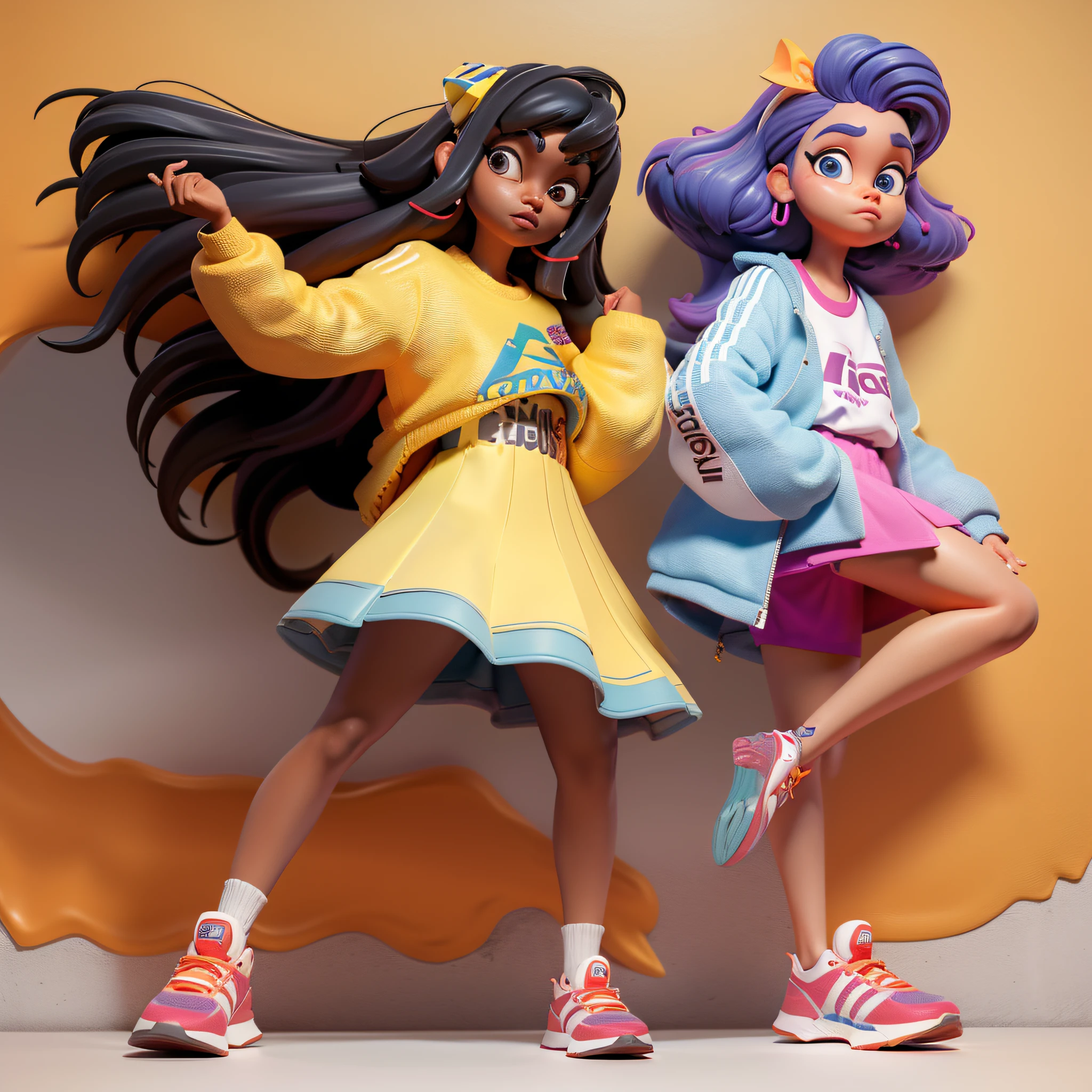estilo pixar, 1 pele clara, cabelos castanhos encaracolados, olhos castanhos escuro, with lilac blouse, saia branca, pulseiras coloridas no punho, tenis da adidas branco, foto inteira, corpo inteiro, fofo, cute, barnet