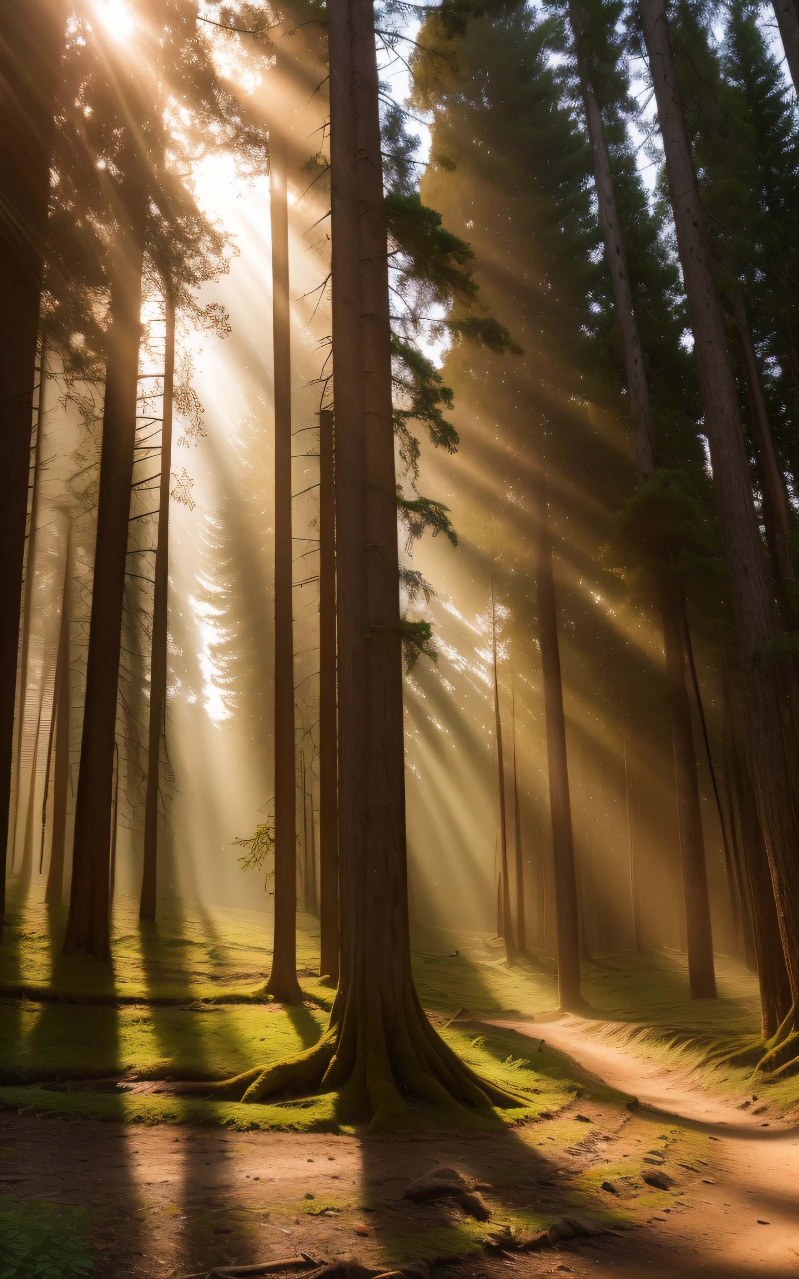 ((top-quality、​masterpiece、photographrealistic:1.4、in 8K))、A forest with a mysterious atmosphere, A forest lined with ancient trees, The morning sun passes through the trees,  no people,