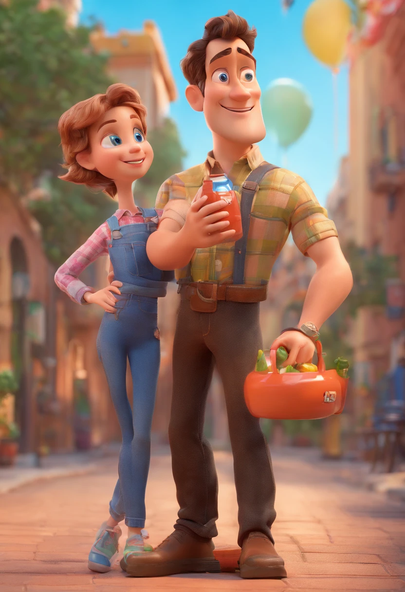 Estilo Pixar: The grown man is holding a blue-eyed boy and in his other hand he is holding a bottle. 3D Poster,Disney