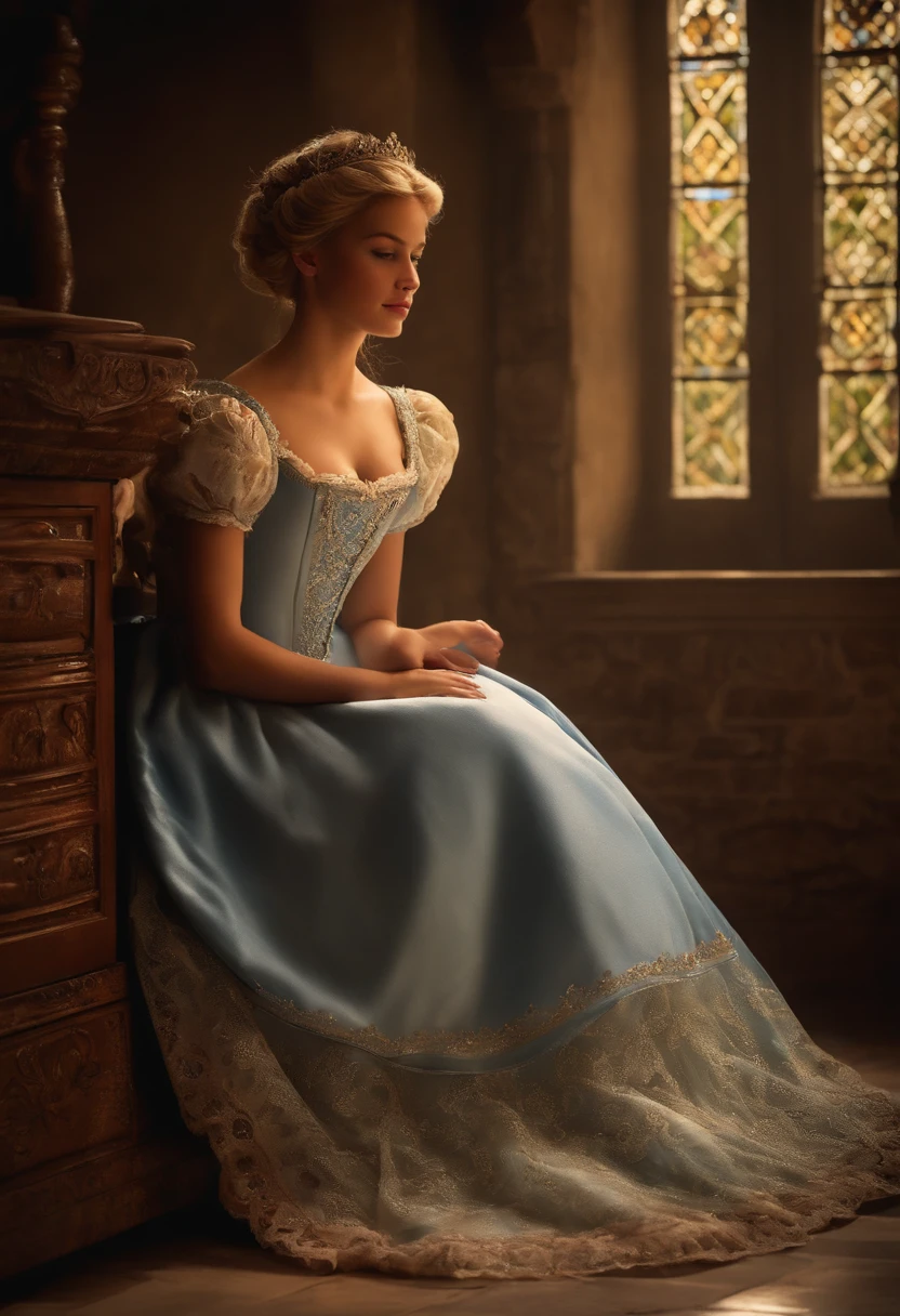 Crie uma cena da vida cotidiana de Cinderela, with her sweeping the floors and washing clothes.
Detalhe: Cinderella's hands calloused by hard work and her determined face.
It shows the half-sisters relaxing while Cinderella works, highlighting the difference in their lives.