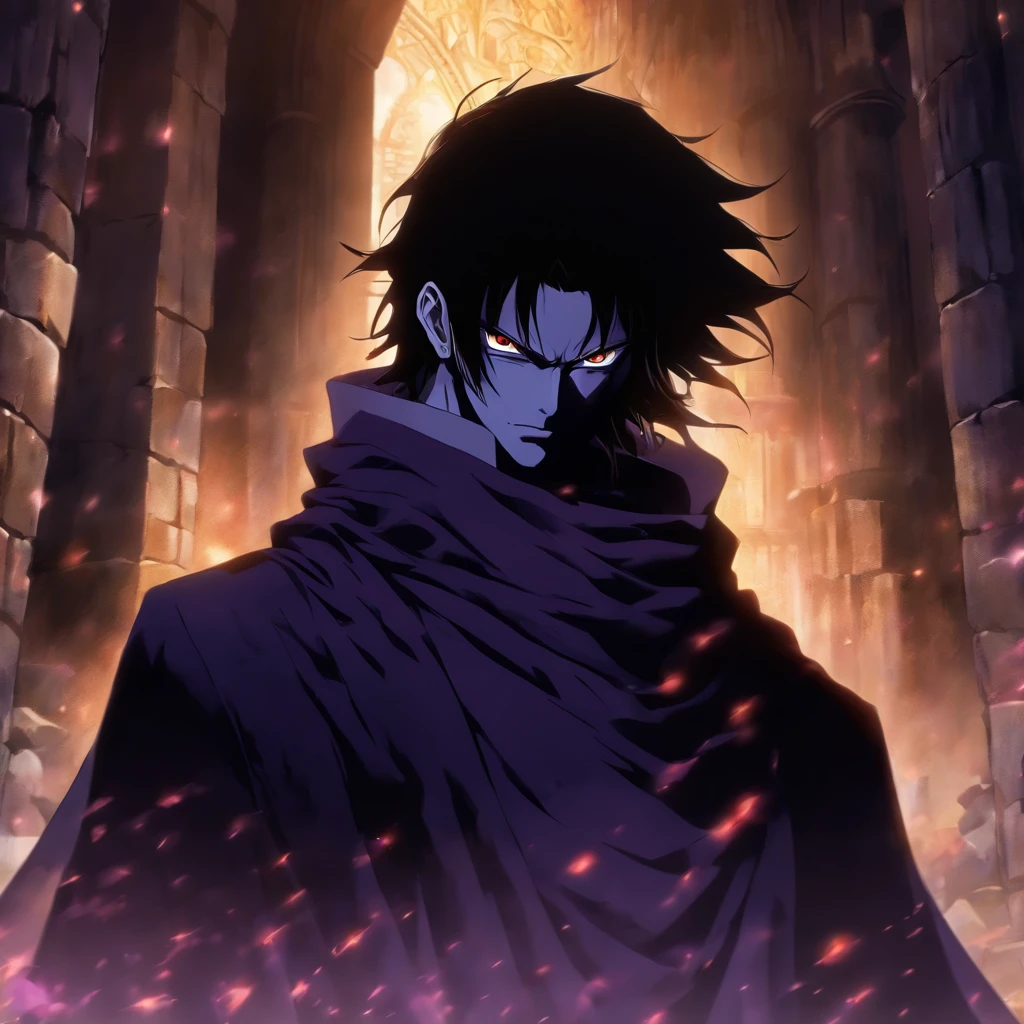 Tall man, appearance 17 years old, Short black hair, hair similar to Sosuke Aizen, black hair, His skin is white, He is wearing a black overcoat, He is wearing a black mask that only covers his mouth and nose, his gaze is serene, He is in the ruins of an ancient castle made of stone, it is a dark and gloomy place, His eyes are purple, his hands are bandaged, He is wearing a long black cape, imposing, ((best quality)) ((very detailed)) ((As per description)) ((masterpiece))