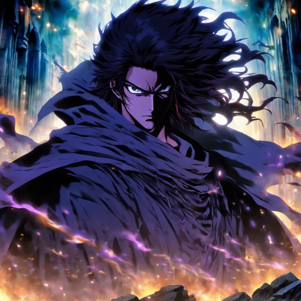 Tall man, appearance 17 years old, Short black hair, hair similar to Sosuke Aizen, black hair, His skin is white, He is wearing a black overcoat, He is wearing a black mask that only covers his mouth and nose, his gaze is serene, He is in the ruins of an ancient castle made of stone, it is a dark and gloomy place, His eyes are purple, his hands are bandaged, He is wearing a long black cape, imposing, ((best quality)) ((very detailed)) ((As per description)) ((masterpiece))