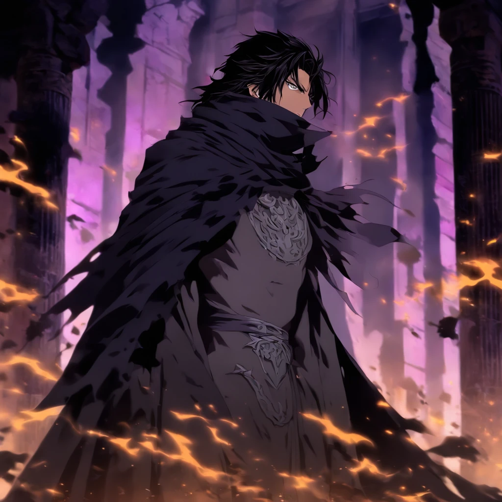 Tall man, appearance 17 years old, Short black hair, hair similar to Sosuke Aizen, black hair, His skin is white, He is wearing a black overcoat, He is wearing a black mask that only covers his mouth and nose, his gaze is serene, He is in the ruins of an ancient castle made of stone, it is a dark and gloomy place, His eyes are purple, his hands are bandaged, He is wearing a long black cape, imposing, ((best quality)) ((very detailed)) ((As per description)) ((masterpiece))