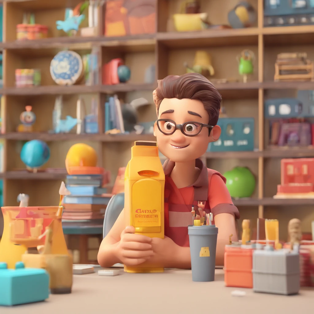 Criar um personagem no estilo Pixar. Trata-se de um homem de 30 anos, com barba, Branco, com cabelos castanhos curtos e um quiff, e olhos castanhos. Ele deve estar na frente de um computador, Trabalhar como designer, use uma lente Cannon alta potencia.