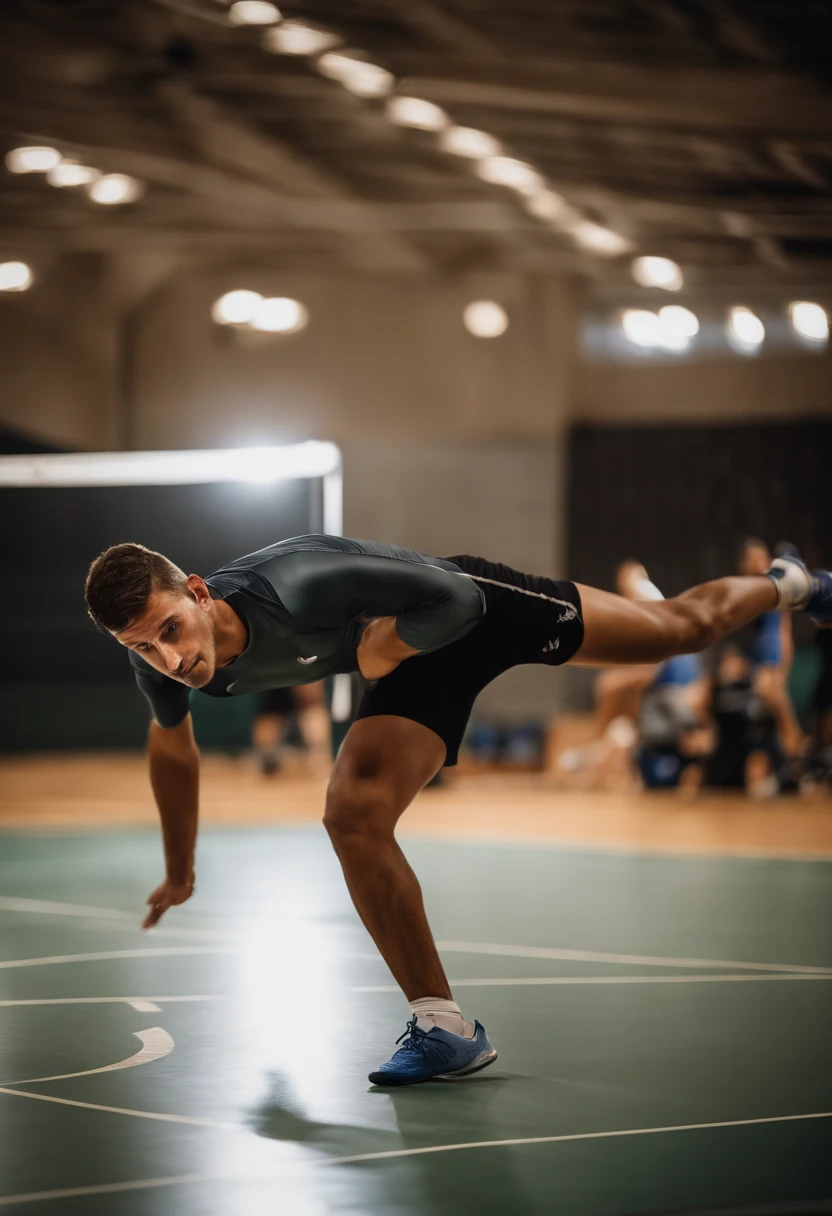 "Por favor, Create an image that captures the essence of a volleyball athlete's physical preparation. A cena deve retratar o jogador em um ambiente de treinamento, with an emphasis on exercises that emphasize your agility, Strength and endurance. The expression of focus and determination on the athlete's face should convey the seriousness of the training as he prepares to face the challenges of the court." 8k,16k pulando corda