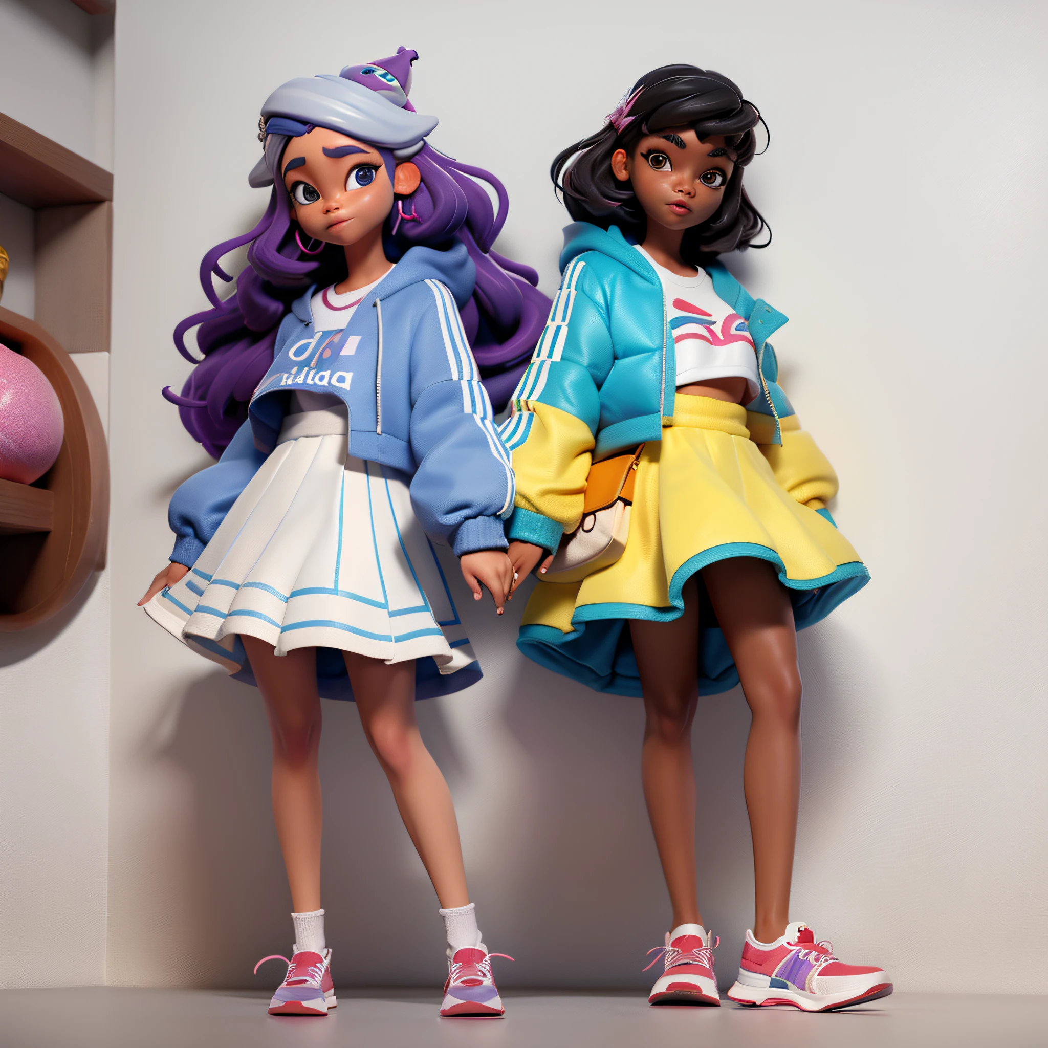 estilo pixar, 1 menina pele clara, cabelos castanhos encaracolados, olhos castanhos escuro, with lilac blouse, saia branca, pulseiras coloridas no punho, tenis da adidas branco, foto inteira, corpo inteiro, fofo, cute, barnet