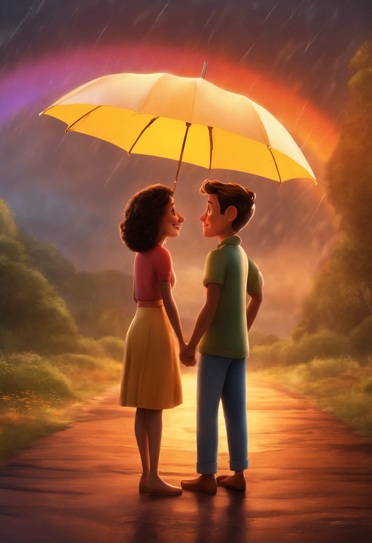 Couple from the Disney Pixar series, ele lavrador,  Ela lavadeira. Sun and rain background with rainbow with the name THE DILEMMA