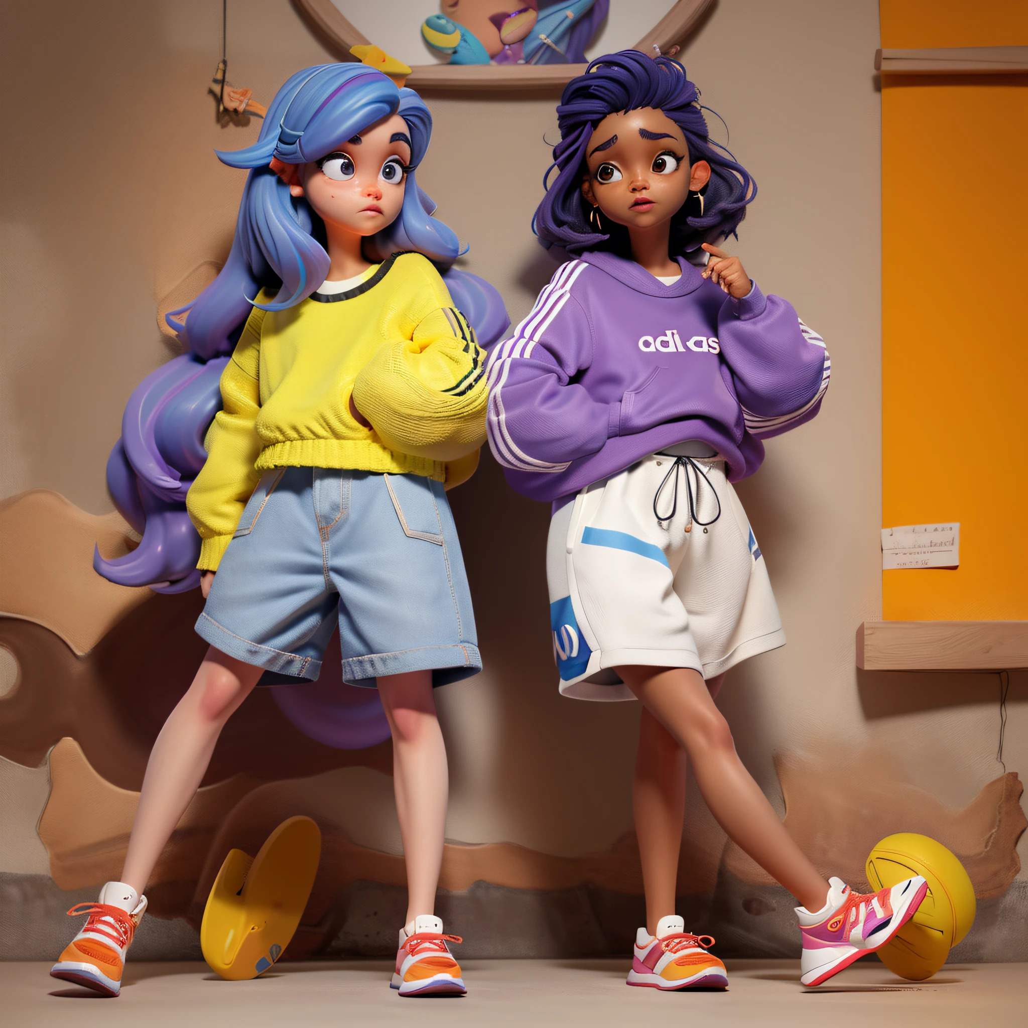 estilo pixar, 1 menina pele clara, cabelos castanhos encaracolados, olhos castanhos escuro, with lilac blouse, saia branca, pulseiras coloridas no punho, tenis da adidas branco, foto inteira, corpo inteiro, fofo, cute, barnet