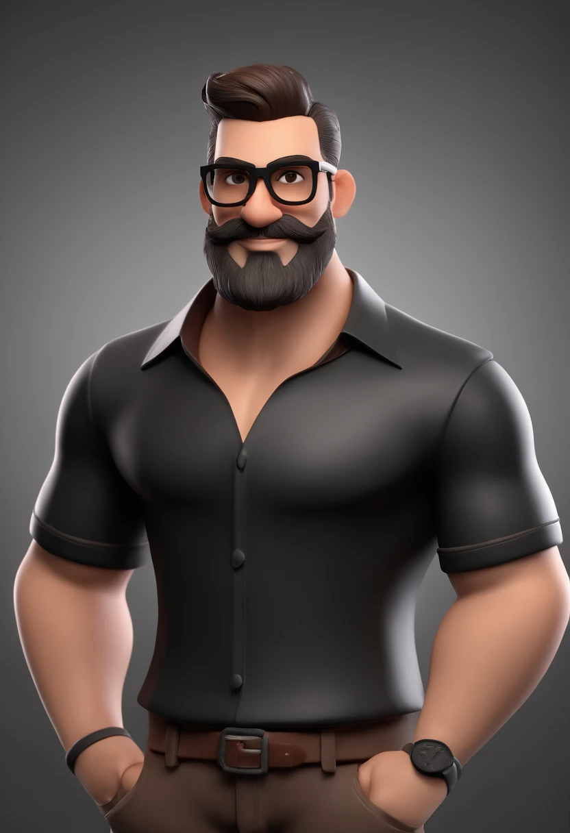 Cartoon character of a man with black glasses and a black polo shirt, cabelo liso, With beard and old school tattoo on his arm, animation character, Caractere estilizado, animation style rendering, 3D estilizado, Arnold Maya render, 3 d render stylized, toon render keyshot, Personagem 3D, Personagem 3D, 3d rendering stylized, 3 d character render, personagem de desenho animado, Personagem de close up, Pose de personagem,  (Estilo Pixar) (master part:1.2) (Bokeh) (best quality) (pele detalhada) (textura detalhada) (8k) (argila) (Cinematic lighting) (foco nítido