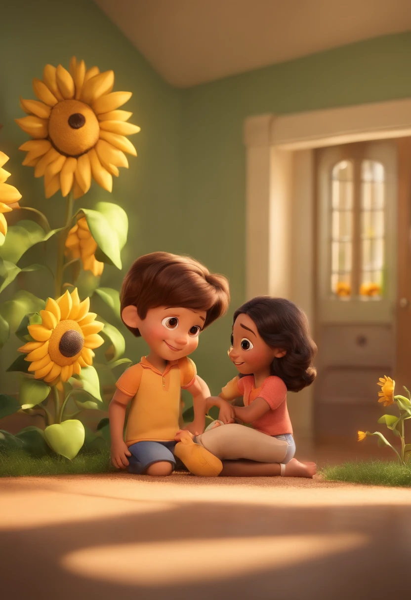 Create a Disney PIXAR-style 3D poster. ((centro da imagem, Triplets)), ((3 )) ((1 menino no meio e 2 meninas ao lado, They're hugging each other, O menino tem pele castanha e cabelos castanhos escuros e olhos castanhos escuros, 1 menina tem pele clara, olhos e cabelos escuros e cacheados, e a outra menina tem pele morena, olhos escuros e cabelos escuros e lisos)) ((tudo isso no estilo Disney PIXAR 3D, In the background, A house of sunflowers, Gloria Studio, The garden is full of nature 3D render RTX clay material, estilo de design cartunesco, POP Mart, soft lighting, linhas suaves, Spring tilt, Detailed illustrations of PIXAR 3D, Detalhes hiper-realistas, cor quente no estilo Disney PIXAR 3D))