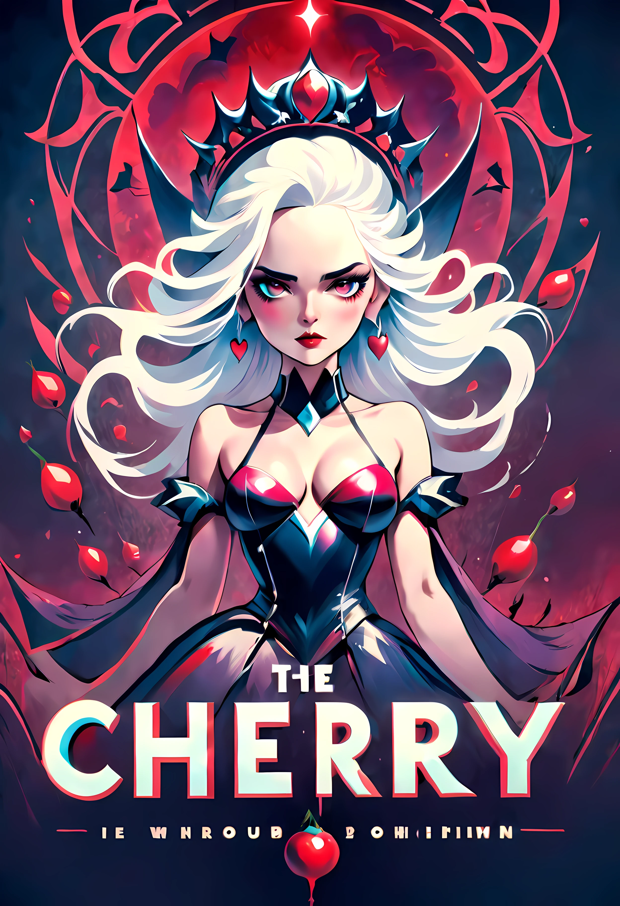 Movie Poster - poster of a movie with the big title "Cherry" written in blood, a stunning vampire queen exuding elegance and power positioned at the center of the poster, vivid eyes captivating and piercing drawing viewers into her mysterious allure, long flowing white hair cascading down her shoulders adding to her ethereal beauty, an (elegant tiara) adorning her head symbolizing her regal status and authority, bats in the background hinting at the supernatural and enchanting world she inhabits, a romantic ambiance envelops the poster evoking a sense of forbidden love and passion, (((looking at the viewer))), (((futuristic)))