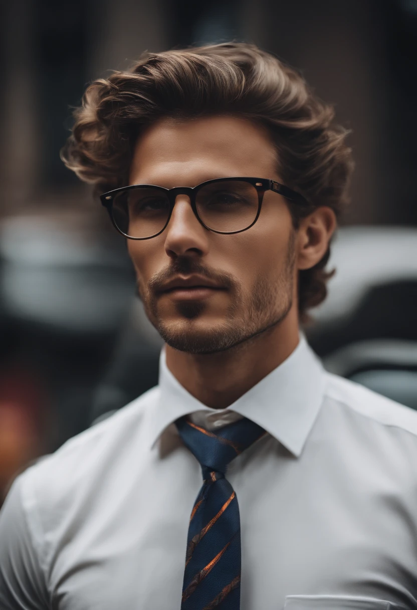 Um homem de 30 anos, com cabelos castanhos curtos,face de diamante, olhar rigoroso, e olhos castanhos, Wearing white white shirt with tie and glasses.
