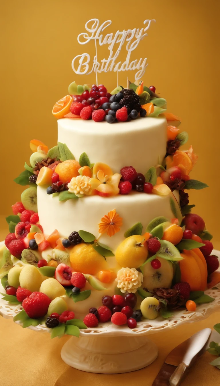 Birthday cake, happy birthday message, cream, fruit slices, jam, chocolate, saccharin, flower carvings and small animals made of cream, as well as vines,