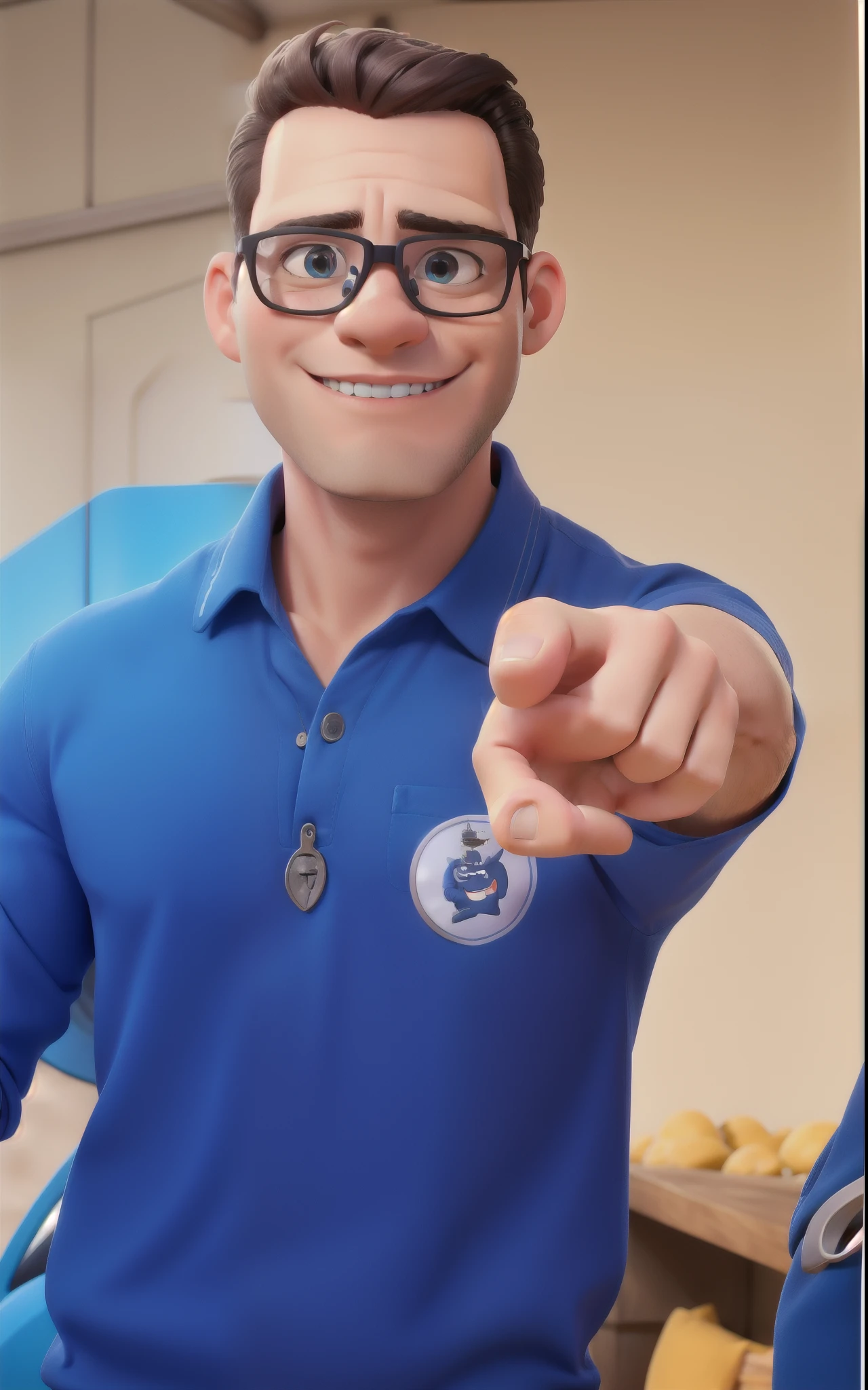 Homen branco magro cabelo preto, Blue shirt glasses pointing finger.