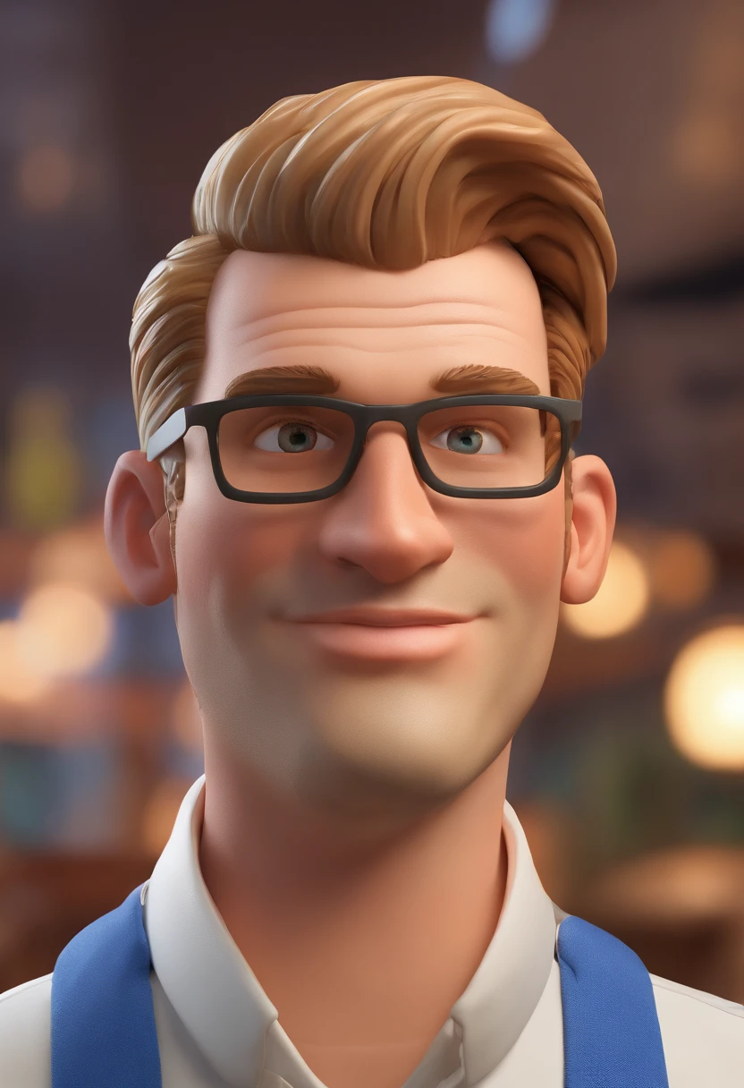 A featured illustration of a Caucasian man and glasses - the man's skin is light brown, He is a sports practitioner and is dressed as if he were in a street race, in his spare time he is a pastry chef, usa barba grande e cabelo longo