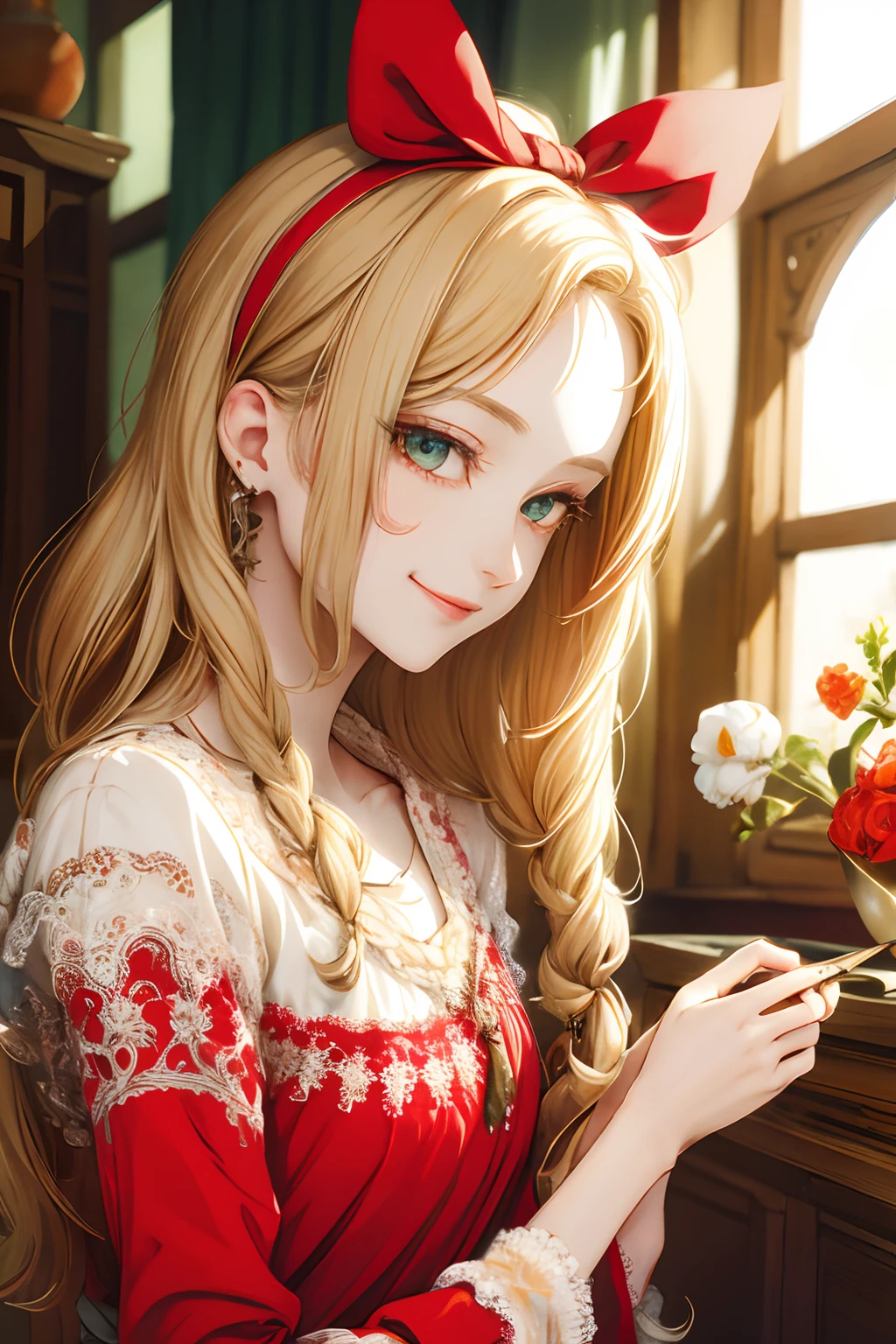 masterpiece: 1.7, top-quality、(Highly detailed CG、ultra-detailliert、Best Shadow:1.1)、独奏、Painterly、sketch、Paper texture、alice in the wonderland、Red ribbon on head、Red clothes、超A high resolution、extra detailed face、flat-colors、extra detailed face、extra detailed face、realisitic、limited pallete、Low contrast、The best lighting、Beautuful Women、lite smile、blanche:1.6、(Zentangle、a Mandala、Tangle、Entangle:0.8)