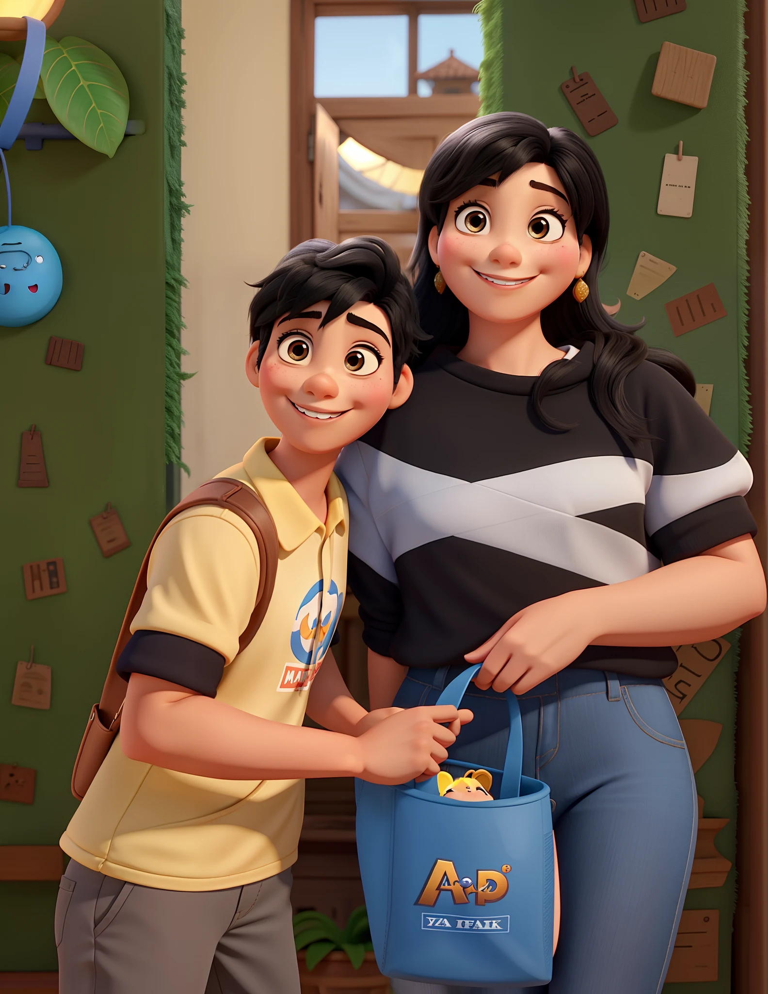 Woman and boy black hair smiling Disney Pixar style ,alta qualidade,melhor qualidade