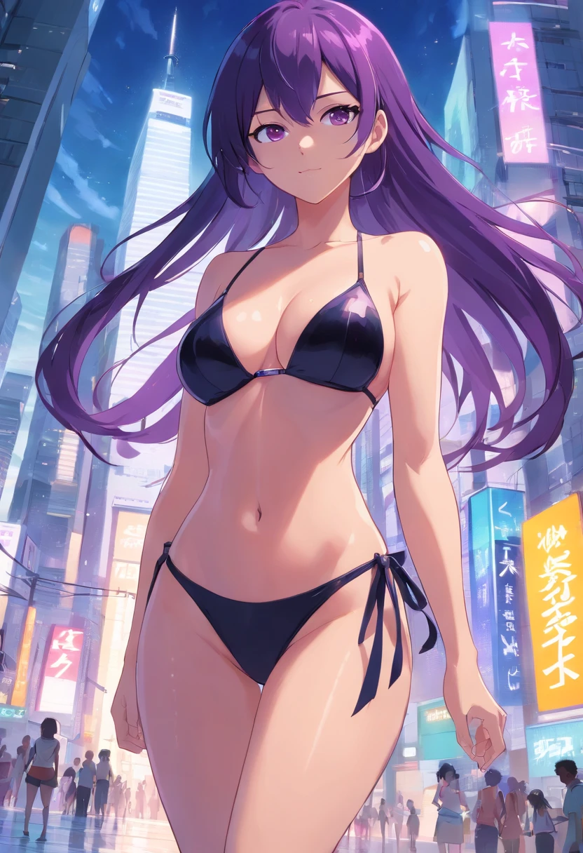 white backgrounid　tall and large breasts　Black bikini　highleg　Woman with long purple hair　full bodyesbian futuristic skyline in background