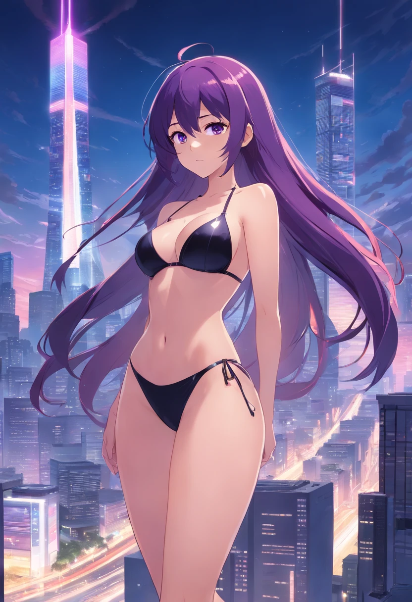white backgrounid tall and large Black bikini highleg Woman with long purple hair full bodyesbian futuristic skyline in background