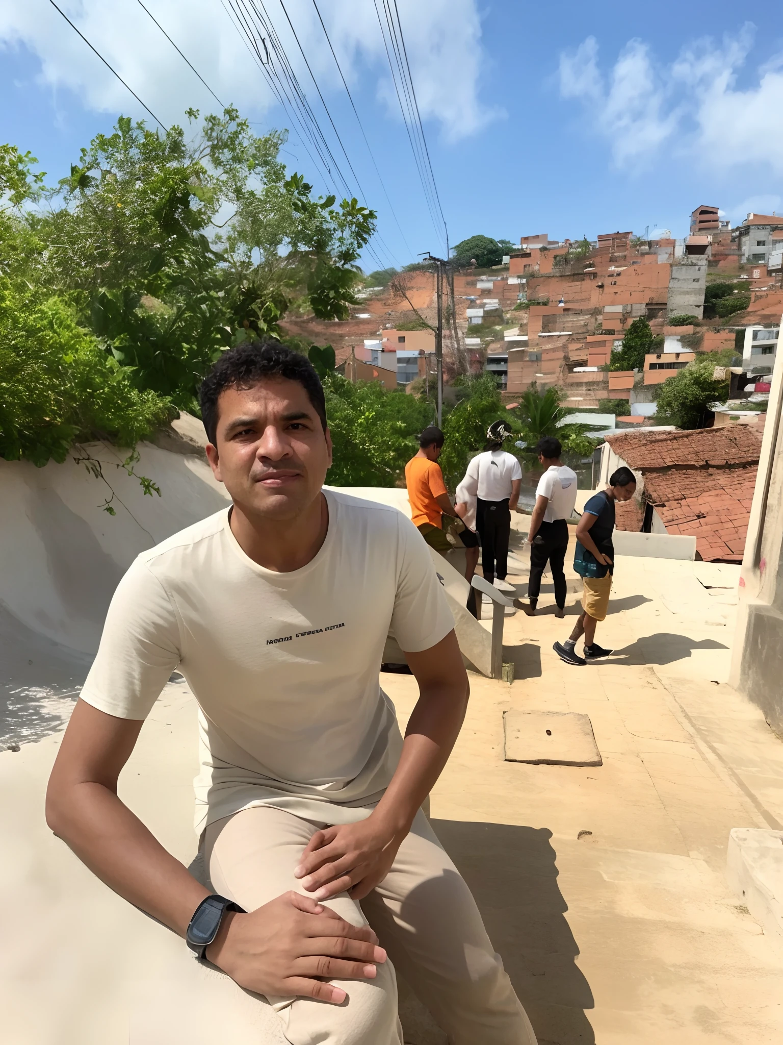 There's a man sitting on a ledge in the middle of a city, com uma cidade em segundo plano, david rios ferreira, caio santos, Location ( favela ), inspirado em Francis Souza, salvador, cidade em segundo plano, icaro carvalho, standing on roof, na cobertura, standing on a rooftop, Location ( favela _ PAREDE ), Me ajuda
