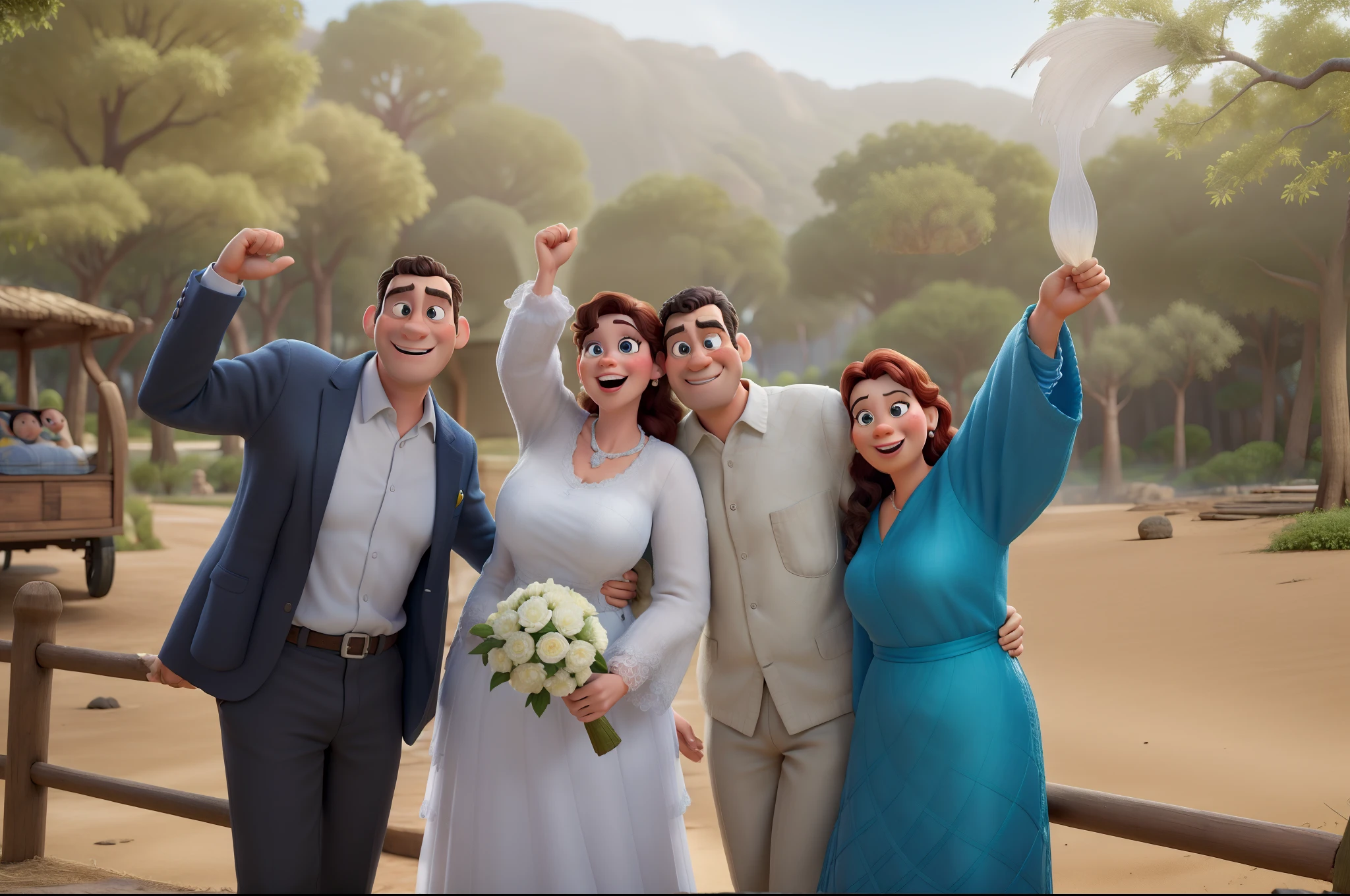 Obra-prima ao estilo Disney/Pixar in high quality and high resolution. Homem de terno a esquerda, noiva ao lado esquerdo dele, noivo ao lado da noiva e mulher ao lado do noivo, fundo com lago e palmeiras