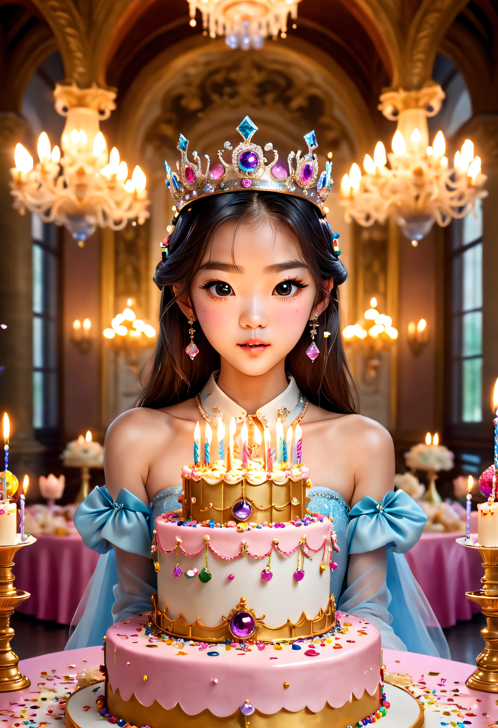 Beautiful 8K Ultra HD professional photos, Sharp focus, In a stunning fantasy world, Beautiful Korean teenage girl wearing a crown,Birthday cake filled with gems, Joyful, In a luxurious palace,A huge cake,It has candles and confetti on it, Huge birthday cake, with sparkling gems on top