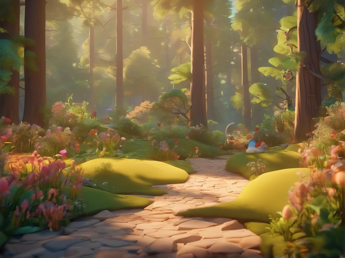 Scenery, forest interior, children's book illustration style, simple, cute, no animals, no people, no Pixar style objects.