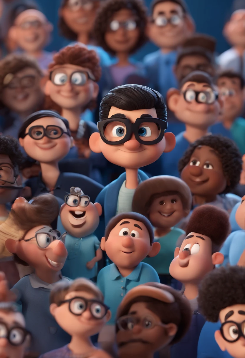 Cartoon character of a man with black glasses and a blue shirt, animation character, Caractere estilizado, animation style rendering, 3D estilizado, Arnold Maya render, 3 d render stylized, toon render keyshot, Personagem 3D, Personagem 3D, 3d rendering stylized, 3 d character render, personagem de desenho animado, Personagem de close up, Pose de personagem, (Estilo Pixar) (master part:1.2) (Bokeh) (best quality) (pele detalhada) (textura detalhada) (8k) (argila) (Cinematic lighting) (foco nítido