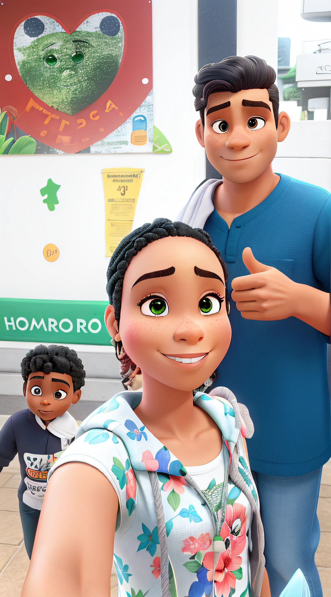 um homem moreno, uma mulher negra, um menino moreno cabelo cacheado, olhos verdes estilo disney pixar, alta qualidade, melhor qualidade