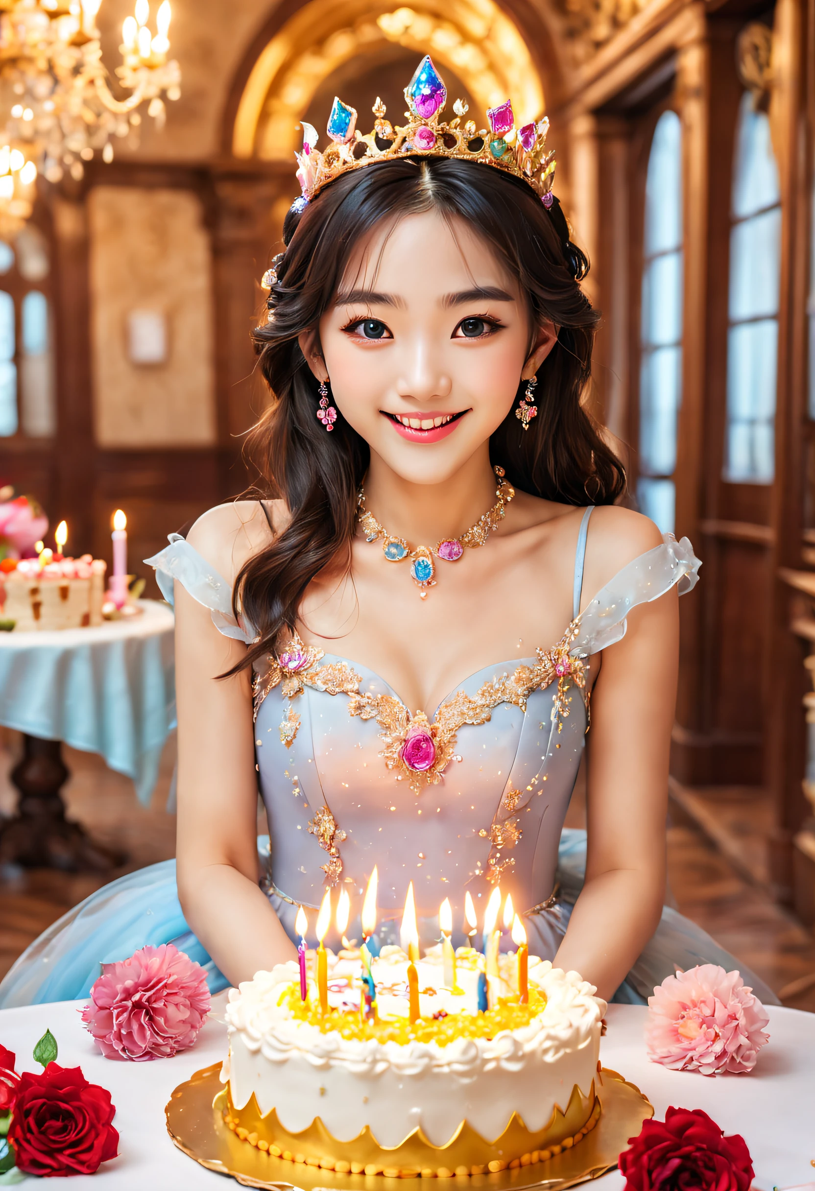 Beautiful 8K Ultra HD professional photos, Sharp focus, In a stunning fantasy world, Beautiful Korean teenage girl wearing a crown，Birthday cake filled with gems, A joyful smile, In a luxurious palace，A huge cake，It has candles and confetti on it, Huge birthday cake, with sparkling gems on top