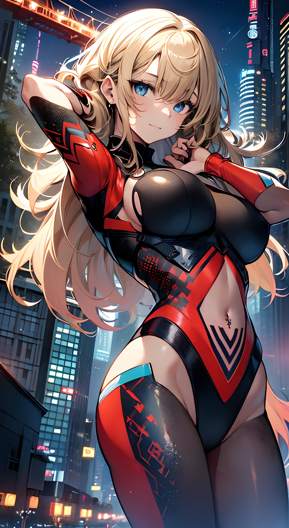 top-quality、Top image quality、in 8K,4K,masterpiece、、ultra-detailliert、Beautiful、ultra-quality、adult-like、Cool、girl with(((18year old、Red Rubber Suit 1:3、Colossal tits、a blond、straight haired、Blue eyes、flank、erotick:1.4、Happiness、The tattoo)))、from below looking up、dynamic movements:1.3、hiquality、visualart、Background with((nightcity:1.2))、masutepiece