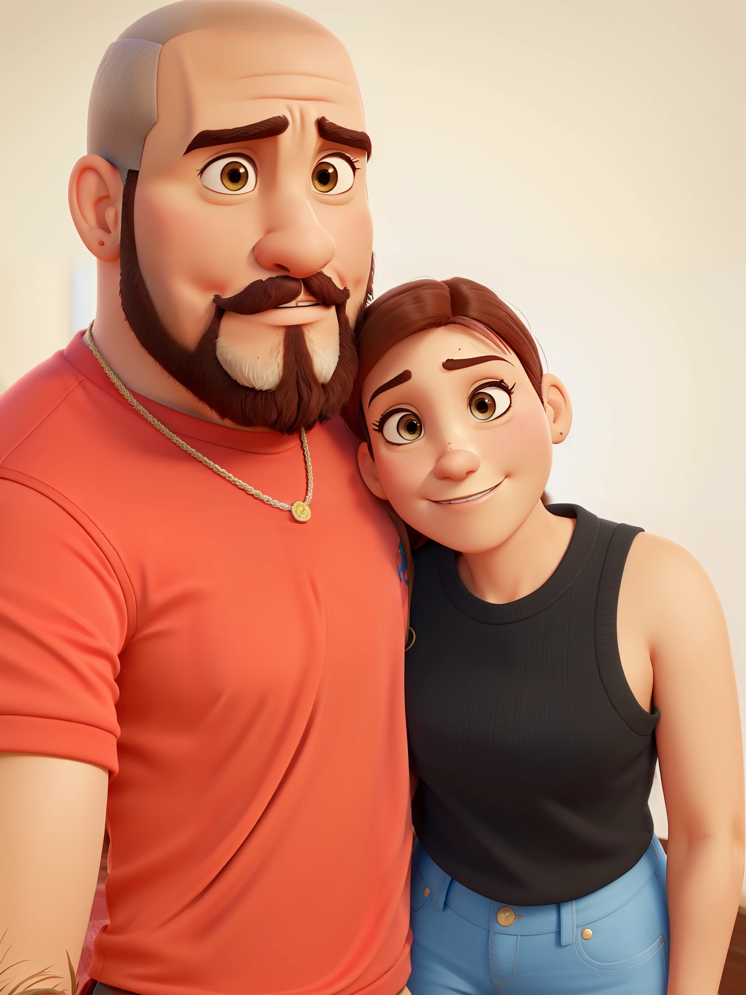 Casal estilo disney pixar melhor qualidade alta qualidade. Homem moreno careca barbudo, e mulher morena olhos castanhos, cabelos amarrados.