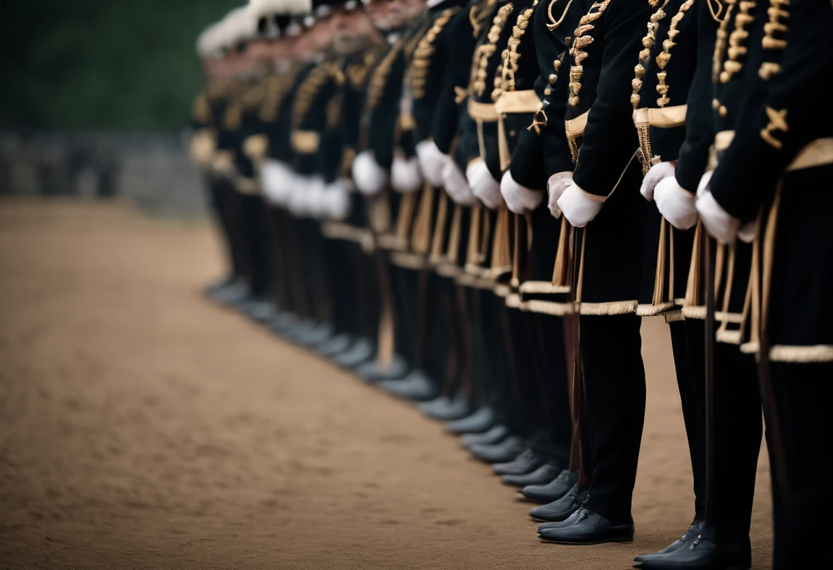 Several footmen are lined up side by side, holding arquebuses