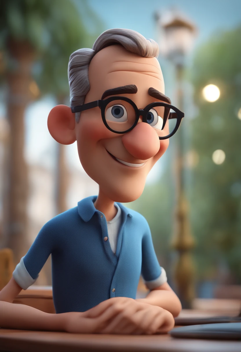 Cartoon character of a man with black glasses and a blue shirt, animation character, Caractere estilizado, animation style rendering, 3D estilizado, Arnold Maya render, 3 d render stylized, toon render keyshot, Personagem 3D, Personagem 3D, 3d rendering stylized, 3 d character render, personagem de desenho animado, Personagem de close up, Pose de personagem, (Estilo Pixar) (master part:1.2) (Bokeh) (best quality) (pele detalhada) (textura detalhada) (8k) (argila) (Cinematic lighting) (foco nítido