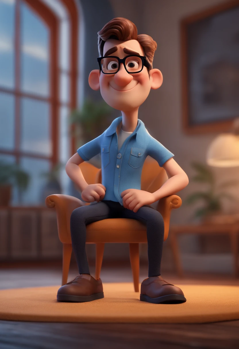 Cartoon character of a man with black glasses and a blue shirt, animation character, Caractere estilizado, animation style rendering, 3D estilizado, Arnold Maya render, 3 d render stylized, toon render keyshot, Personagem 3D, Personagem 3D, 3d rendering stylized, 3 d character render, personagem de desenho animado, Personagem de close up, Pose de personagem,  (Estilo Pixar) (master part:1.2) (Bokeh) (best quality) (pele detalhada) (textura detalhada) (8k) (argila) (Cinematic lighting) (foco nítido