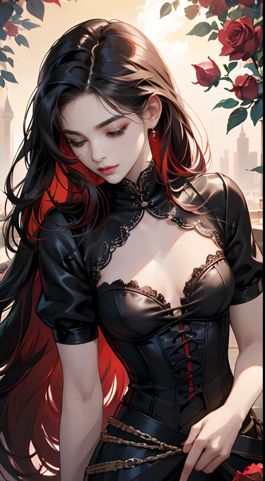 (Best Quality,4K,High resolution),Rose background、Cover the whole thing with a rose frame、Red highlights on black hair、long straight hair、eye closed、Sleeping Woman、Small、long lashes、Red Eyeliner、Sexy red lips、FULL BODYSHOT、Delicately expresses realistic smooth skin texture down to the smallest detail、Realistic body representation、Casual Gothic Mini Dress Fashion、Leather corset、Left and right contrast、Fashion Model Pose、Photographic depiction like a model、photoRealstic、Fill the whole area with countless roses、