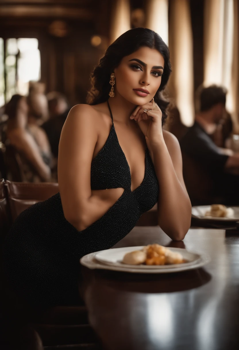 Retrato da mulher de Araffe em um restaurante, com roupas luxuosas, ricas, curtas, deixando suas pernas grossas a mostra, muito sensuais, corpo perfeito fotorrealista, corpo voluptuoso, corpo perfeito sombreado realista, Tiro gigante impressionante da deusa, deusa bonita, figura completa hiperrealista, corpo grosso, body curvy, belas curvas, curvy model, long curvy black hair, cabelos castanhos e um corpo perfeito, Corpo Perfeito, nsfw seios enormes; natural lighting and even in low light, e saree