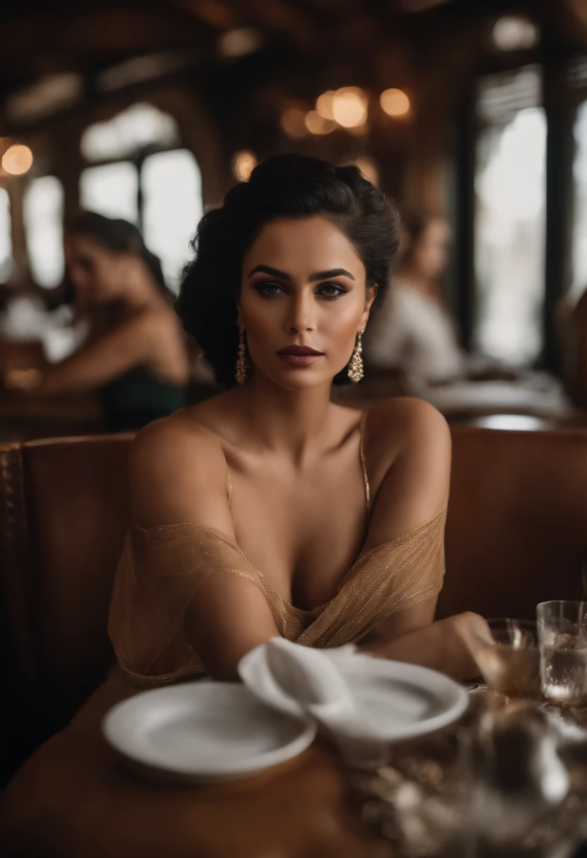 Retrato da mulher de Araffe em um restaurante, com roupas luxuosas, ricas, curtas, deixando suas pernas grossas a mostra, muito sensuais, corpo perfeito fotorrealista, corpo voluptuoso, corpo perfeito sombreado realista, Tiro gigante impressionante da deusa, deusa bonita, figura completa hiperrealista, corpo grosso, body curvy, belas curvas, curvy model, long curvy black hair, cabelos castanhos e um corpo perfeito, Corpo Perfeito, nsfw seios enormes; natural lighting and even in low light, e saree
