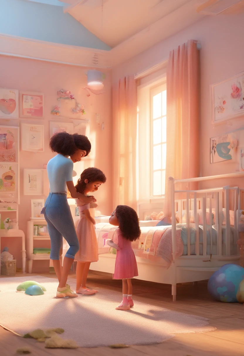 Estilo Pixar: Familia, A mother and two girls. Uma menino de 1 ano e  uma menina de 1 anos.